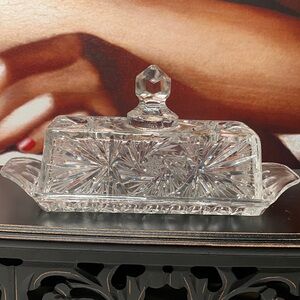 Clear Crystal “Star of David” Butter or Cheese Dish Pinwheel Pattern Crystal